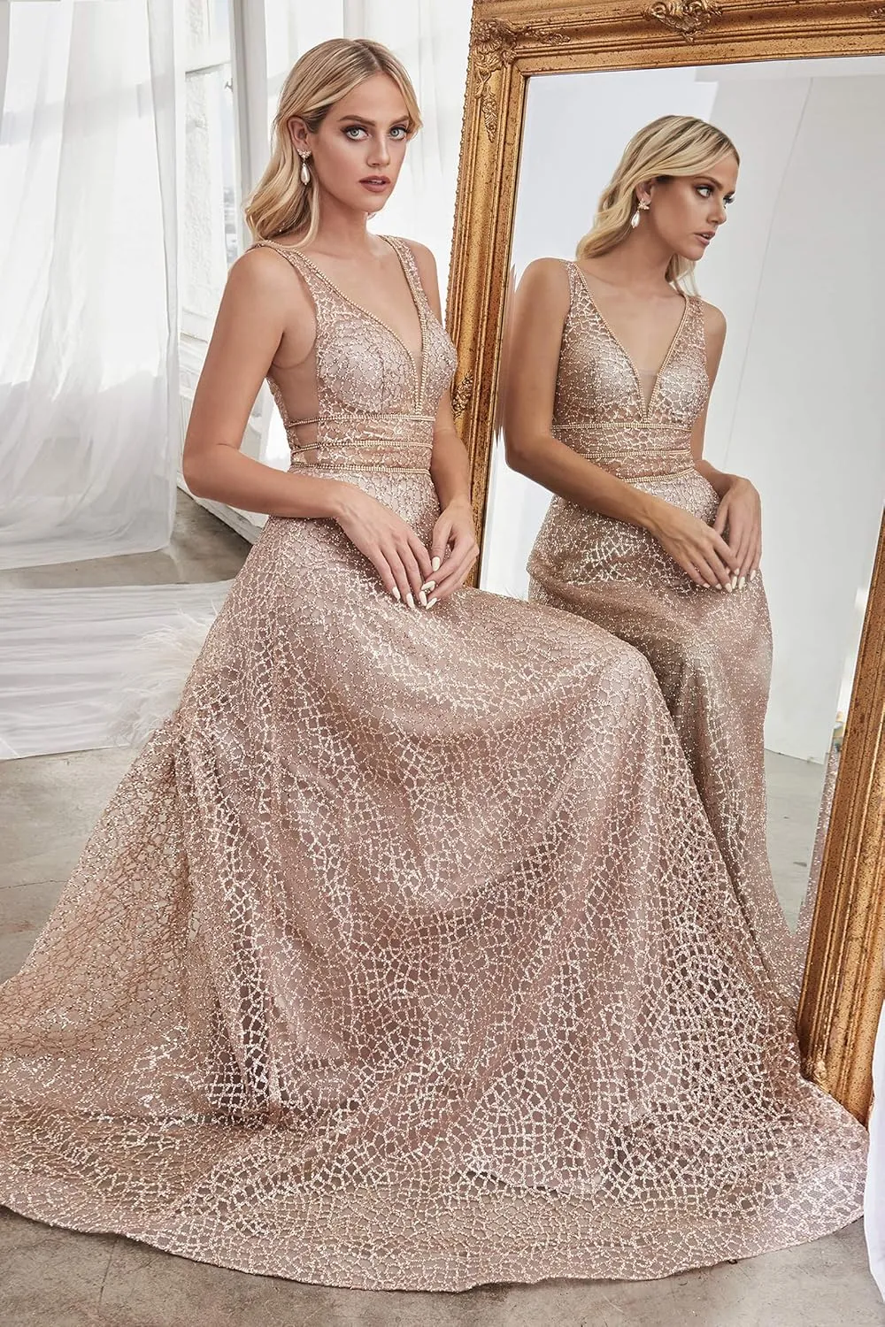 Meier Women's Glitter Tulle Double V-Neck A-Line Prom Formal Gown
