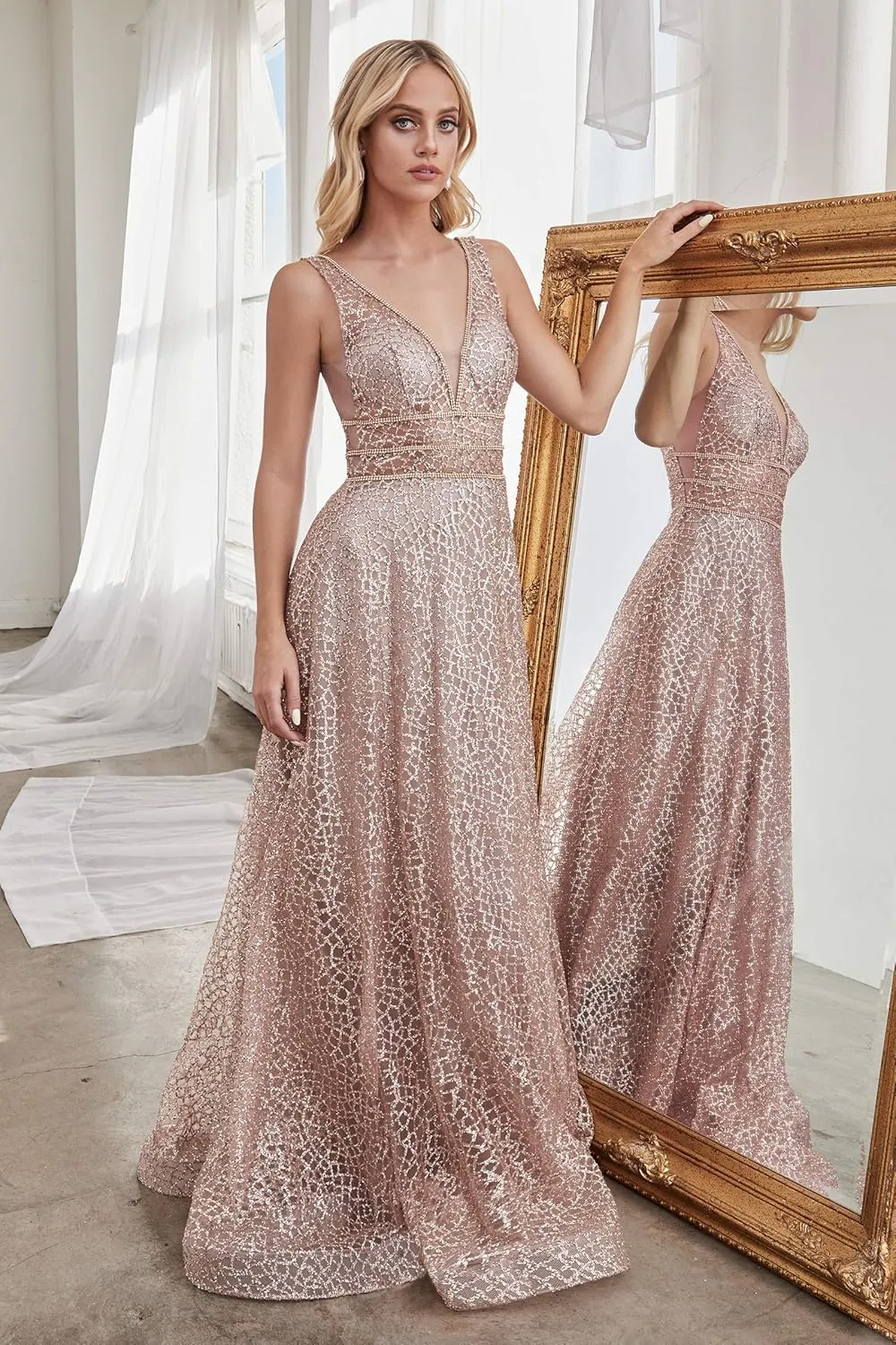Meier Women's Glitter Tulle Double V-Neck A-Line Prom Formal Gown