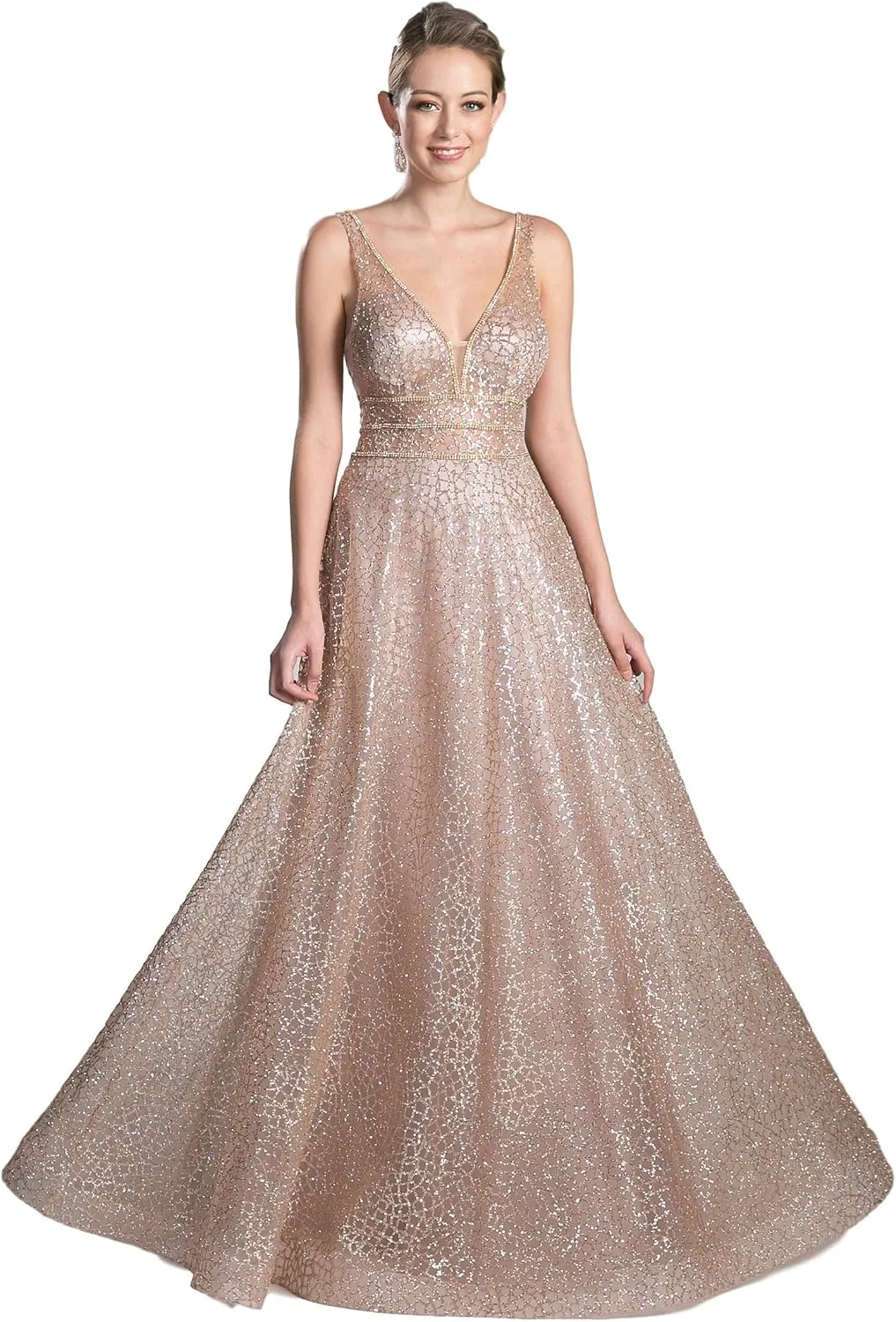 Meier Women's Glitter Tulle Double V-Neck A-Line Prom Formal Gown