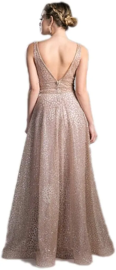 Meier Women's Glitter Tulle Double V-Neck A-Line Prom Formal Gown