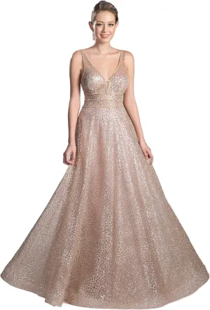 Meier Women's Glitter Tulle Double V-Neck A-Line Prom Formal Gown
