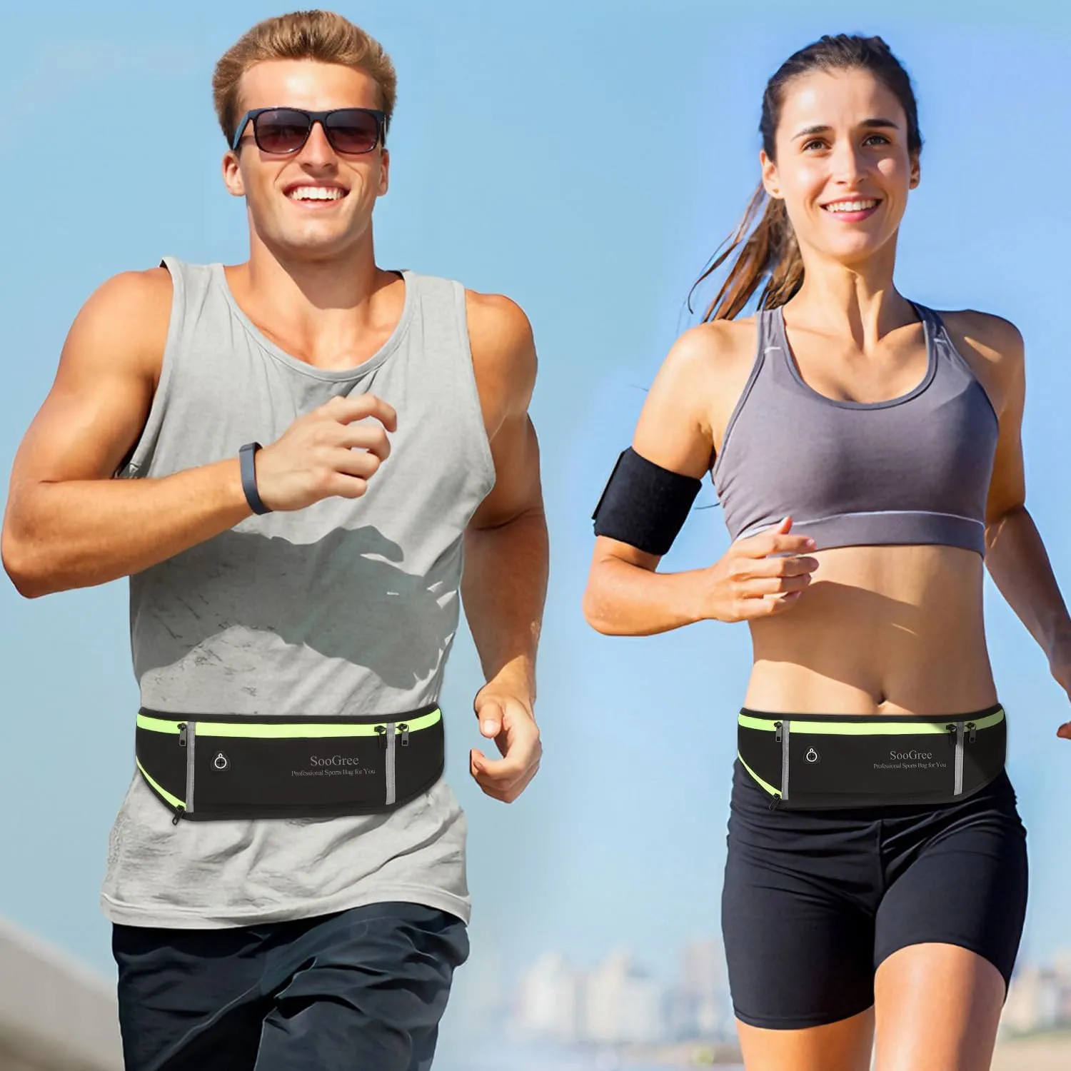 Men Women Running Belt Fanny Pack,Reflective Workout Sport Waist Pack Bag,Running Phone Holder Belt with Water Bottle Holder, Ideal for Running,Walking,Cycling,Gym Workouts (GSP1189-Green)
