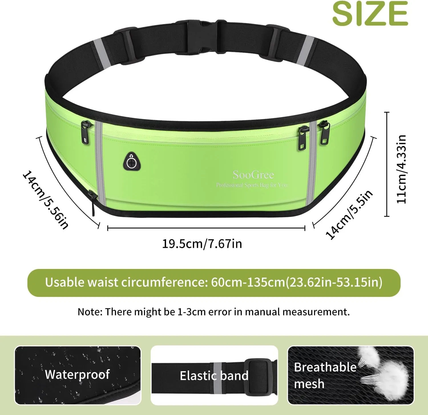 Men Women Running Belt Fanny Pack,Reflective Workout Sport Waist Pack Bag,Running Phone Holder Belt with Water Bottle Holder, Ideal for Running,Walking,Cycling,Gym Workouts (GSP1189-Green)