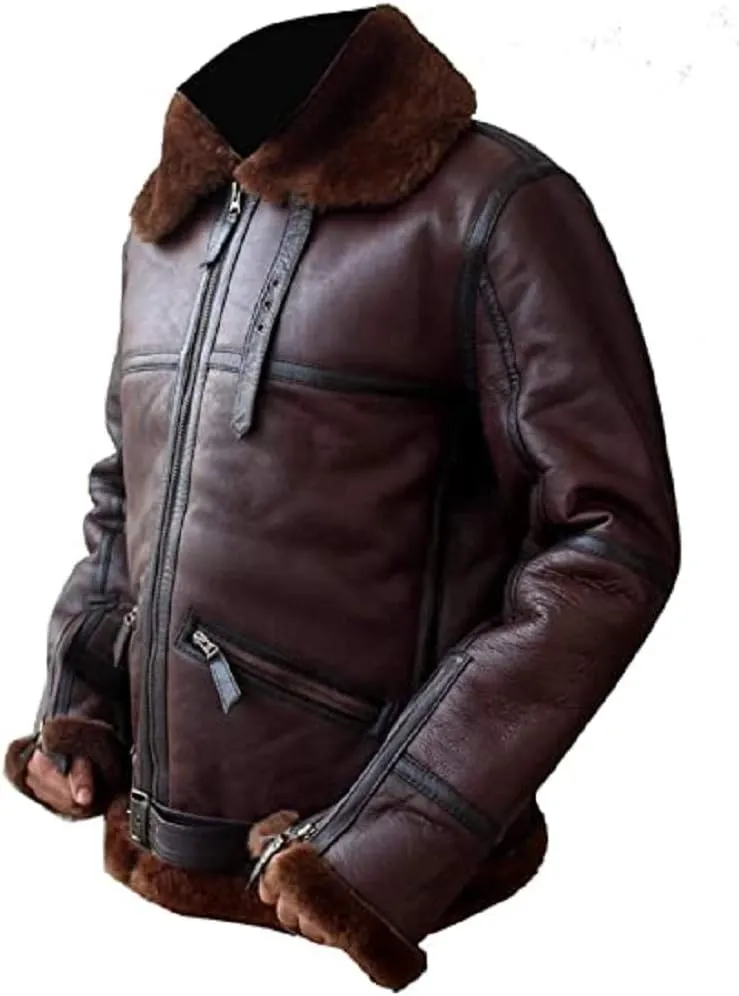Men's Aviator RAF B3 Biker`s Brownish Shaded Real Sheepskin Leather Jacket