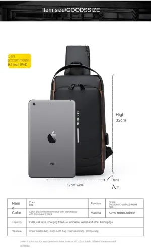 Men's Chest Bag, Shoulder bags,Crossbody Sling Backpack, Coded lock, USB port, Water proof. (black with brown)