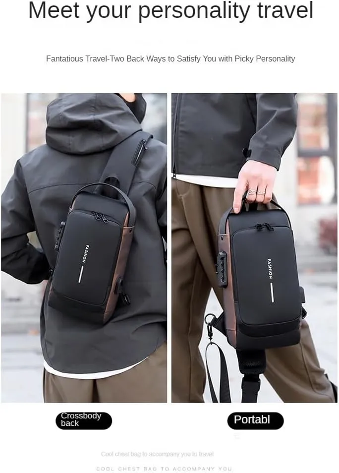 Men's Chest Bag, Shoulder bags,Crossbody Sling Backpack, Coded lock, USB port, Water proof. (black with brown)