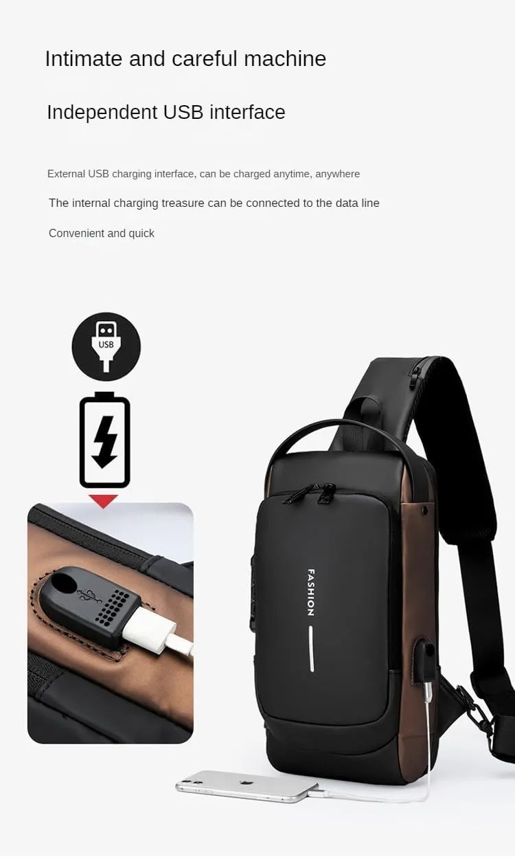 Men's Chest Bag, Shoulder bags,Crossbody Sling Backpack, Coded lock, USB port, Water proof. (black with brown)