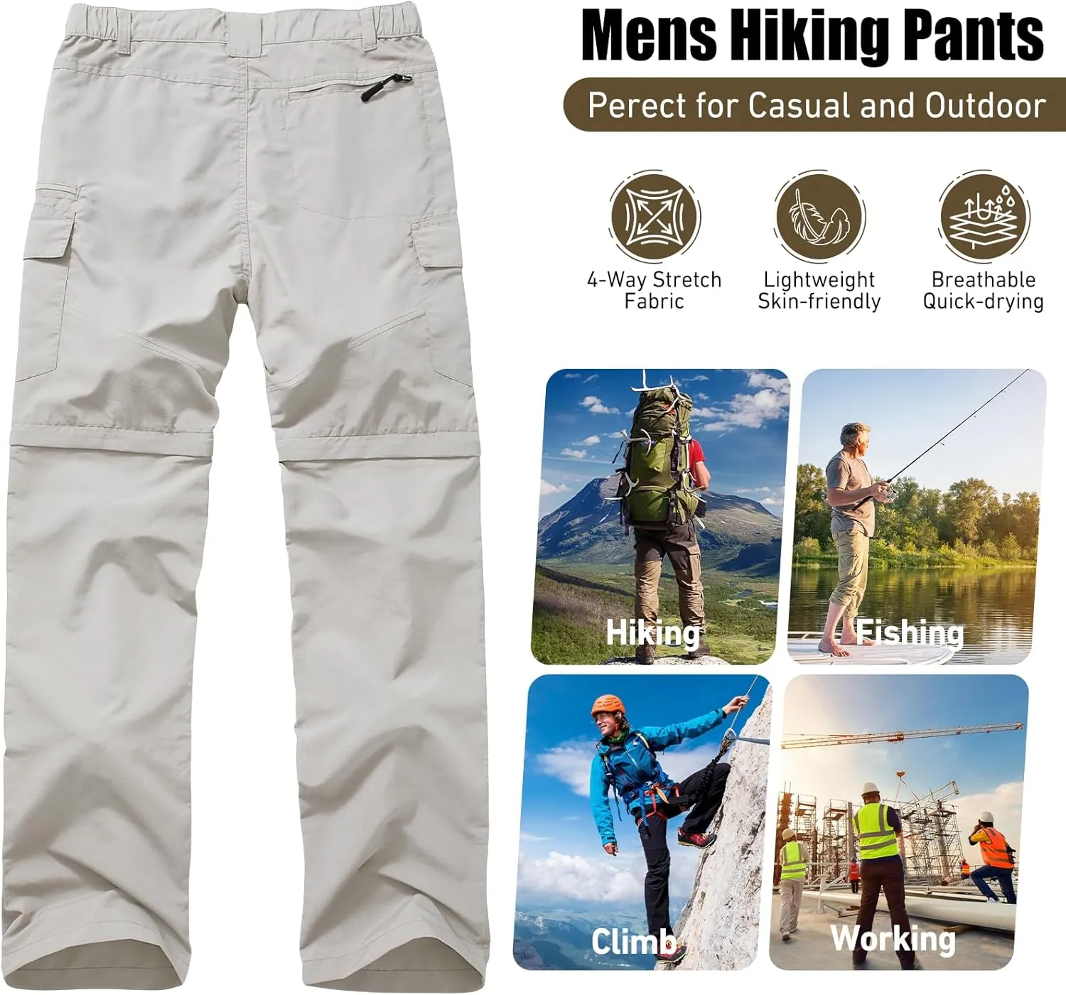 Mens Hiking Convertible Pants Quick Dry Zip Off Lightweight Cargo Fishing Work Pants Trousers with Belt