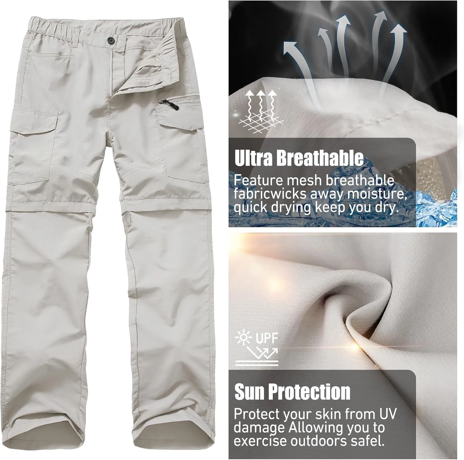 Mens Hiking Convertible Pants Quick Dry Zip Off Lightweight Cargo Fishing Work Pants Trousers with Belt