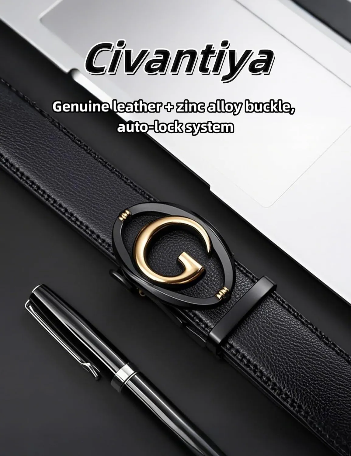 Men's Leather Ratchet Belt for Men | No-Hole Automatic Buckle Belt | Adjustable Dress Belt for Business & Casual