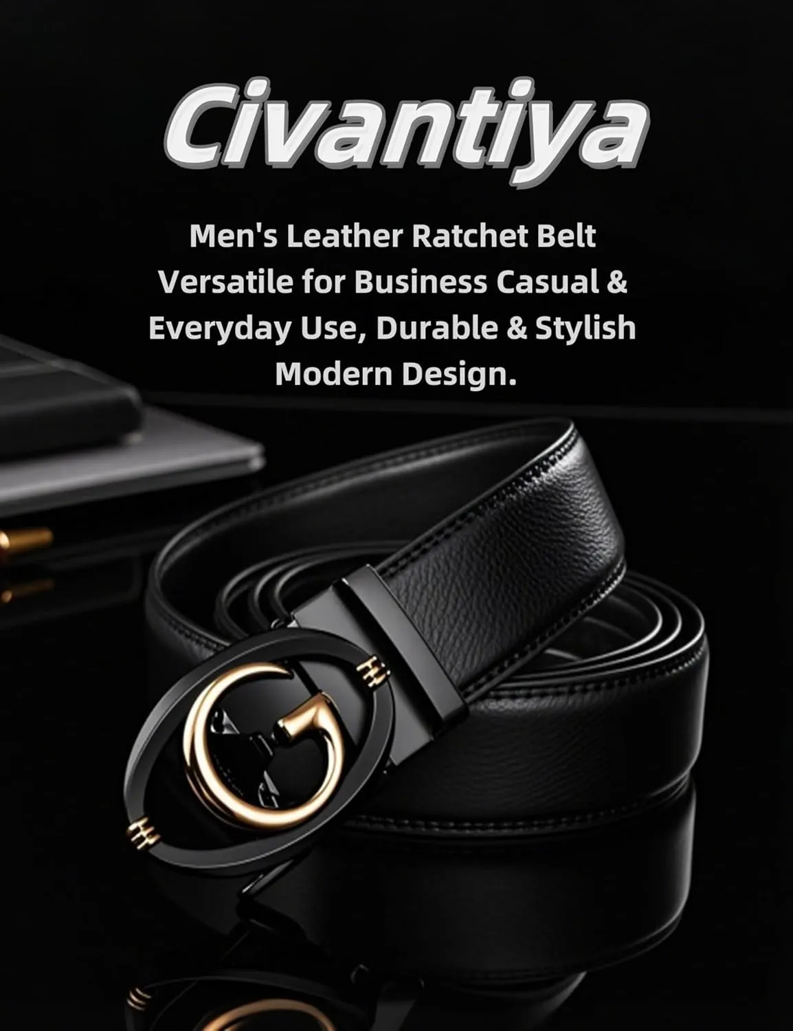 Men's Leather Ratchet Belt for Men | No-Hole Automatic Buckle Belt | Adjustable Dress Belt for Business & Casual