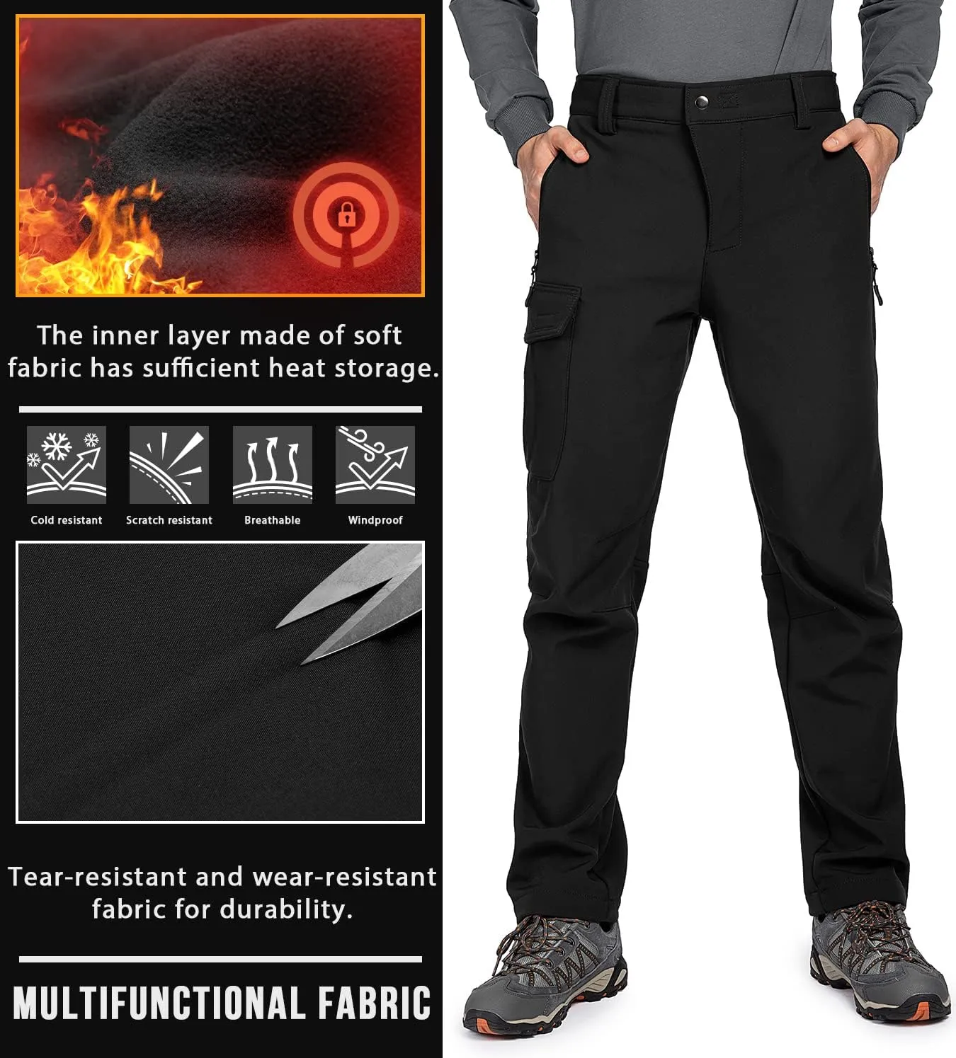 Men's-Snow-Ski-Hiking-Cargo-Pants for Winter Water Repellent Softshell Warm Outdoor Insulated Pants