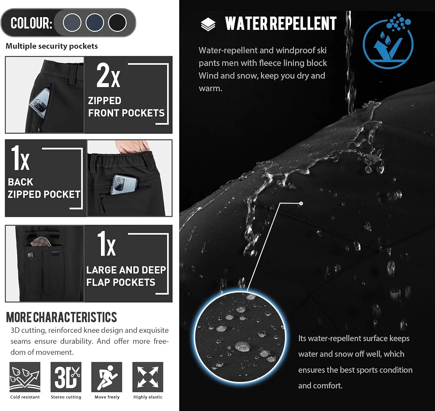 Men's-Snow-Ski-Hiking-Cargo-Pants for Winter Water Repellent Softshell Warm Outdoor Insulated Pants