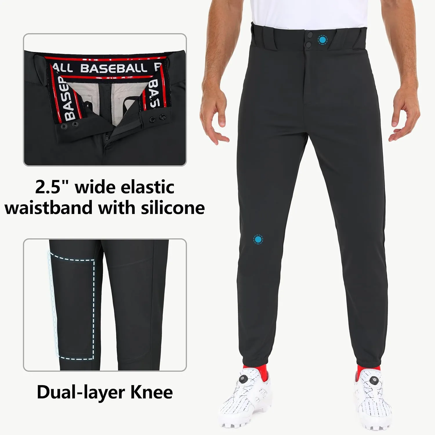 Men's Utility Baseball Pants - Tapered Jogger Fit Adult Training Tweeners Pants Dual-Layer Knees