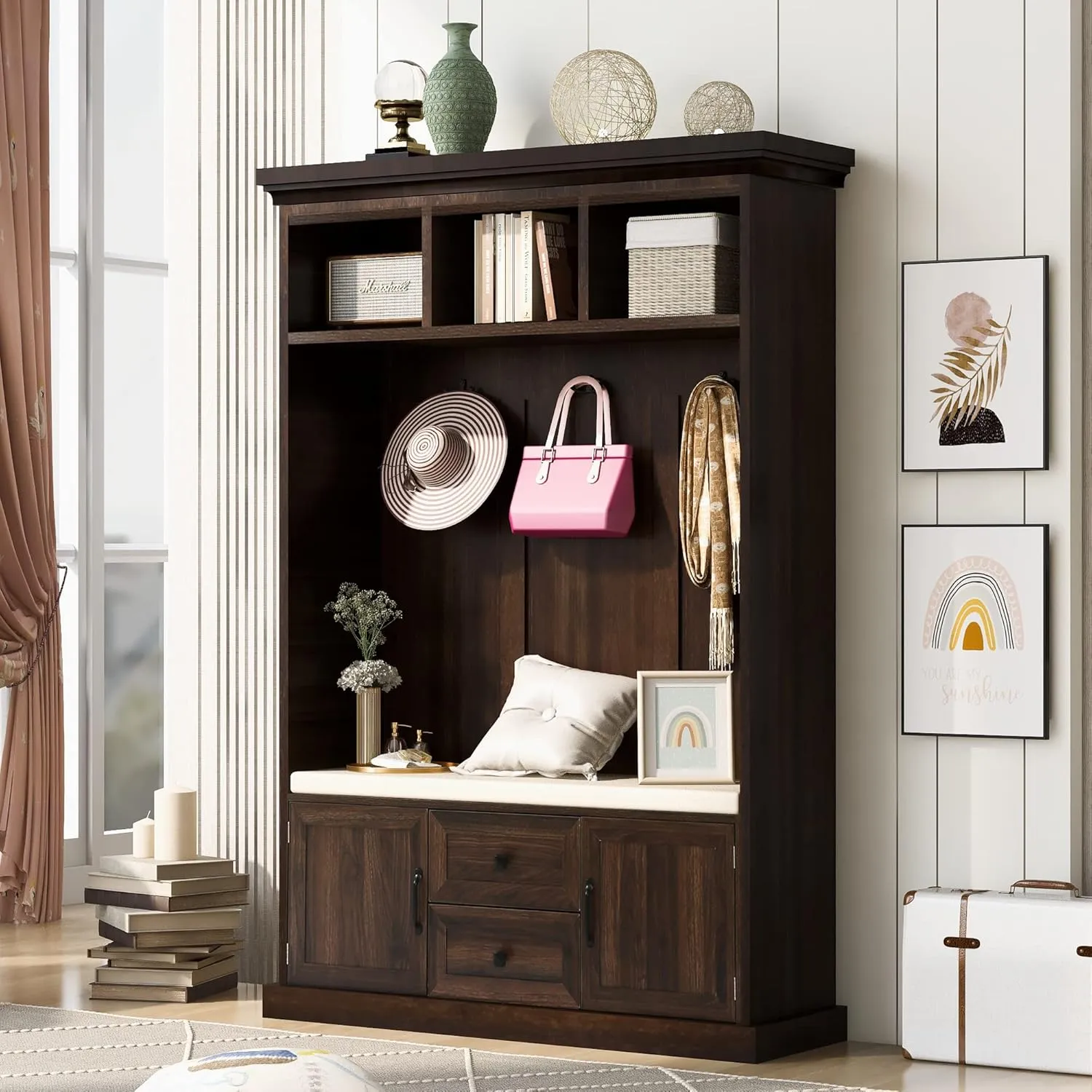 Merax Hall Tree with 3 Hooks, Coat Hanger, Entryway Bench, Storage Bench, 3-in-1 Design, for Entrance, Hallway, Tiger