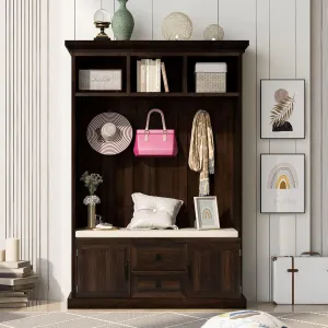 Merax Hall Tree with 3 Hooks, Coat Hanger, Entryway Bench, Storage Bench, 3-in-1 Design, for Entrance, Hallway, Tiger