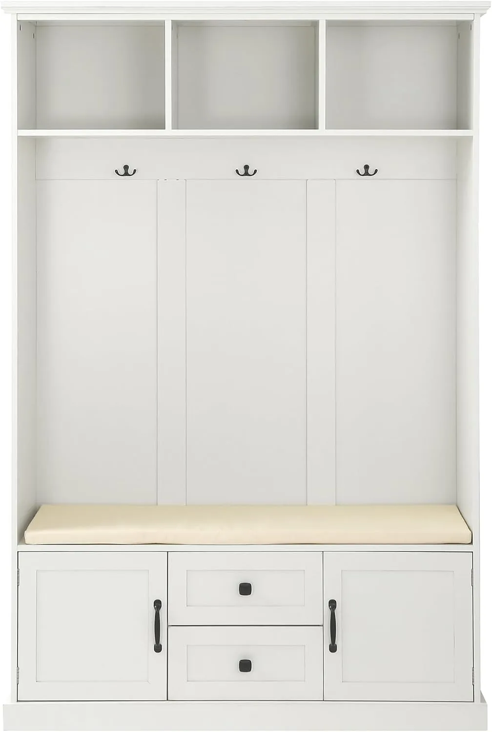 Merax Hall Tree with 3 Hooks, Coat Hanger, Entryway Bench, Storage Bench, 3-in-1 Design, for Entrance, Hallway, White