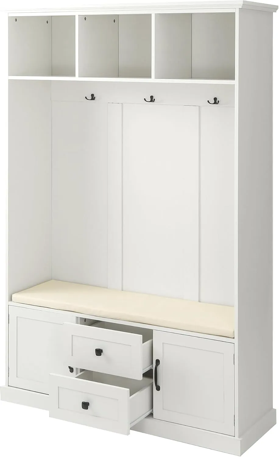 Merax Hall Tree with 3 Hooks, Coat Hanger, Entryway Bench, Storage Bench, 3-in-1 Design, for Entrance, Hallway, White
