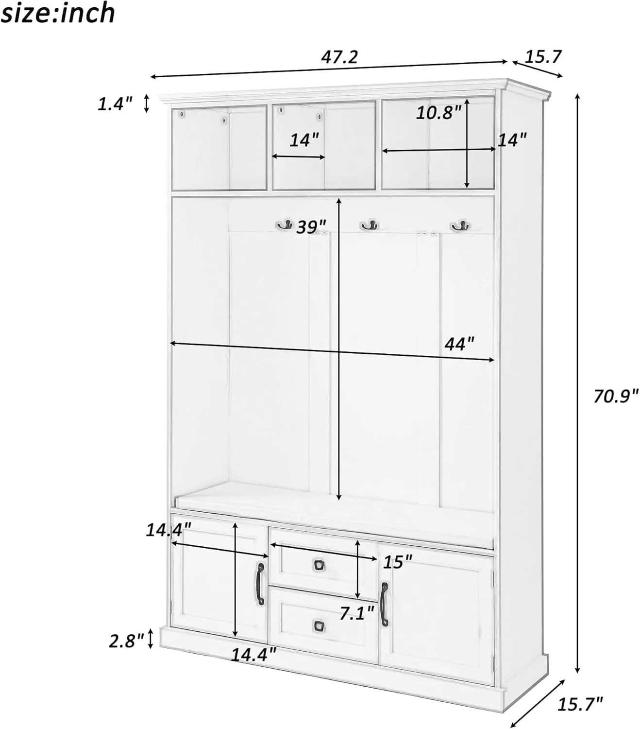 Merax Hall Tree with 3 Hooks, Coat Hanger, Entryway Bench, Storage Bench, 3-in-1 Design, for Entrance, Hallway, White