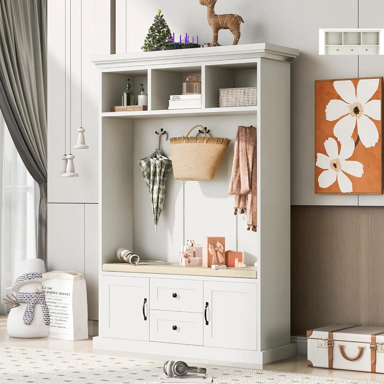 Merax Hall Tree with 3 Hooks, Coat Hanger, Entryway Bench, Storage Bench, 3-in-1 Design, for Entrance, Hallway, White