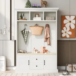 Merax Hall Tree with 3 Hooks, Coat Hanger, Entryway Bench, Storage Bench, 3-in-1 Design, for Entrance, Hallway, White