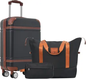 Merax Luggage Set 20-Inch Hardshell Carry-On Suitcase with TSA Lock Double Spinner Wheels Travel Duffel Bag with Trolley Sleeve Toiletry Bag Lightweight Travel Set (Black, 3PC(1 Suitcase&2 Bags))