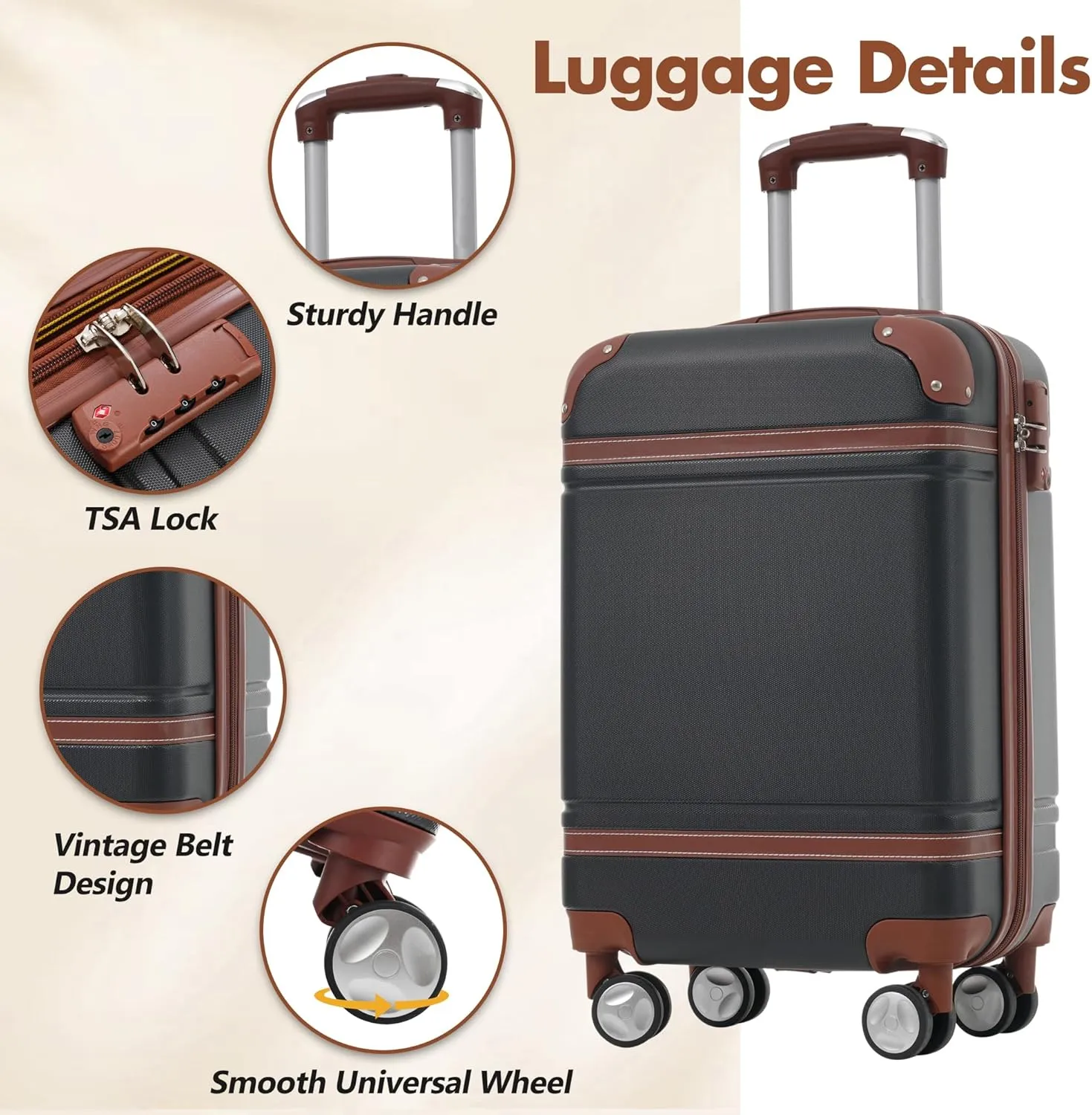 Merax Luggage Set 20-Inch Hardshell Carry-On Suitcase with TSA Lock Double Spinner Wheels Travel Duffel Bag with Trolley Sleeve Toiletry Bag Lightweight Travel Set (Black, 3PC(1 Suitcase&2 Bags))