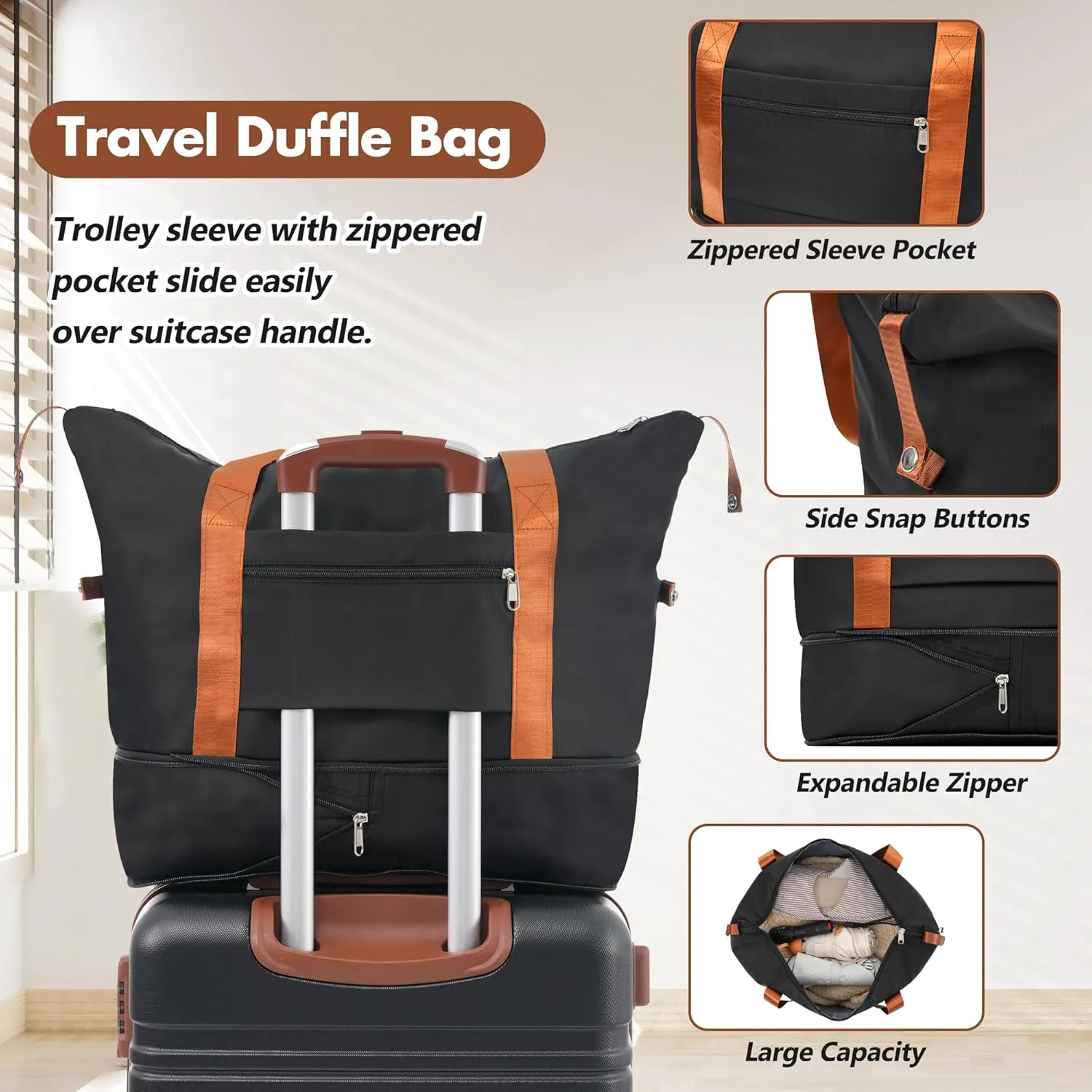 Merax Luggage Set 20-Inch Hardshell Carry-On Suitcase with TSA Lock Double Spinner Wheels Travel Duffel Bag with Trolley Sleeve Toiletry Bag Lightweight Travel Set (Black, 3PC(1 Suitcase&2 Bags))