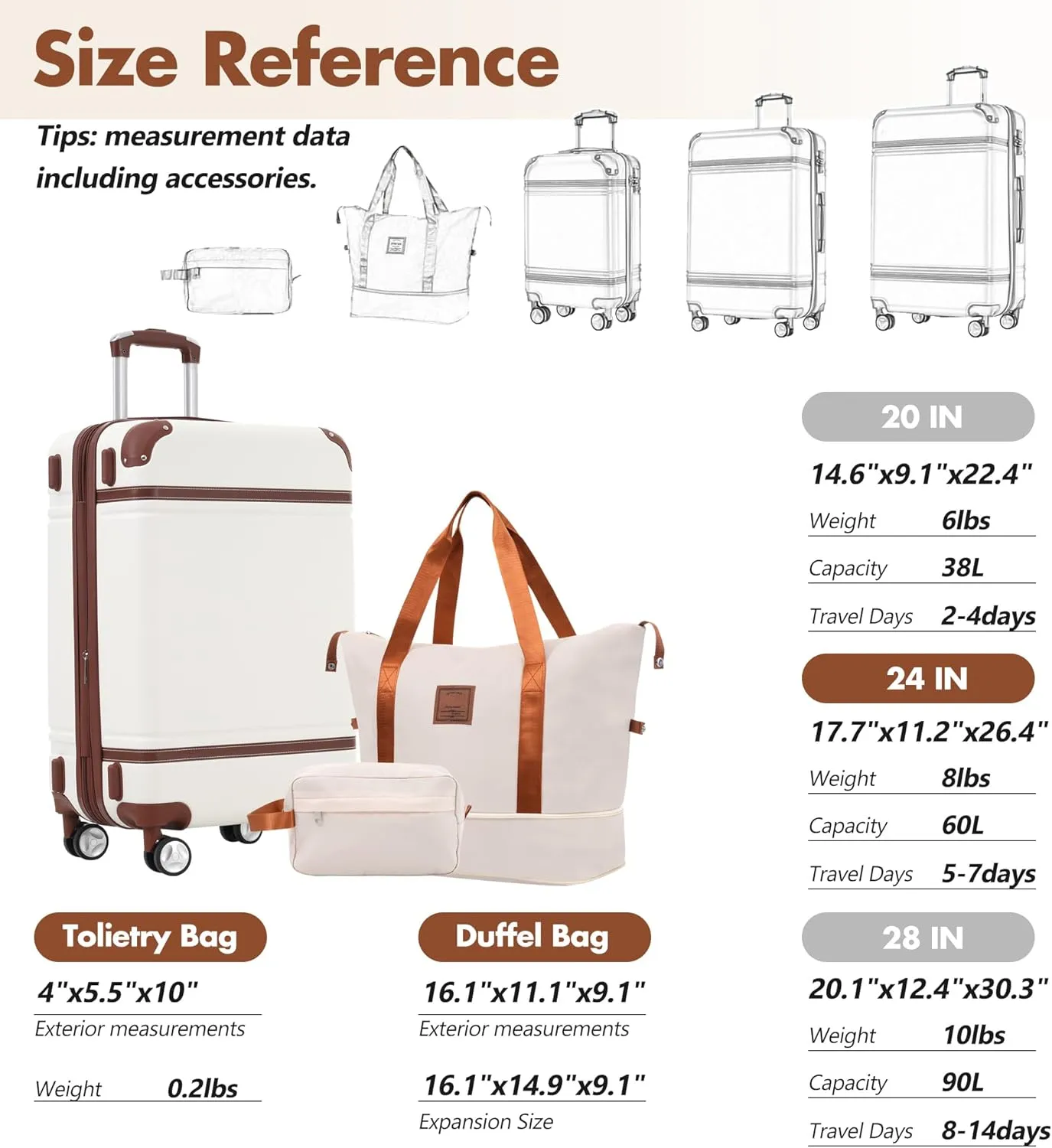 Merax Luggage Set Hardshell Carry-On Suitcase with TSA Lock Double Spinner Wheels Travel Duffel Bag with Trolley Sleeve Toiletry Bag Lightweight Travel Set (White, 3PC (24" 2 Bags))