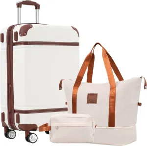 Merax Luggage Set Hardshell Carry-On Suitcase with TSA Lock Double Spinner Wheels Travel Duffel Bag with Trolley Sleeve Toiletry Bag Lightweight Travel Set (White, 3PC (24" 2 Bags))
