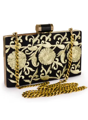 Metallic Thread Floral Embroidered Box Clutch