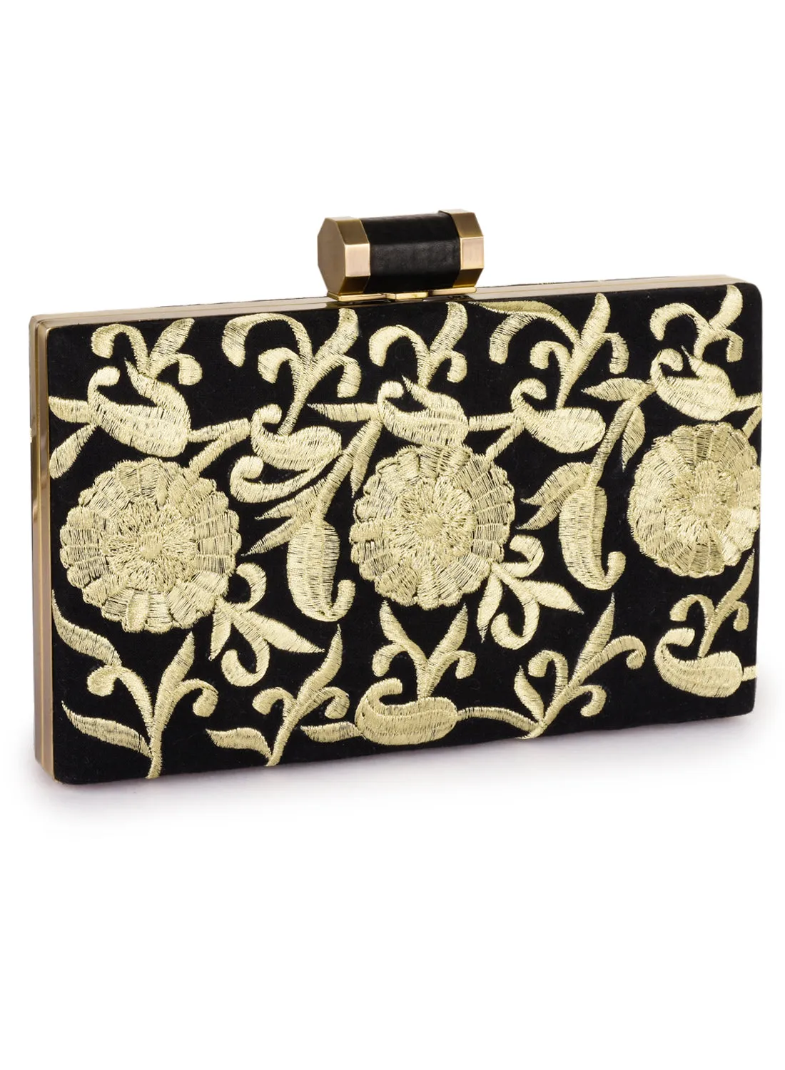 Metallic Thread Floral Embroidered Box Clutch
