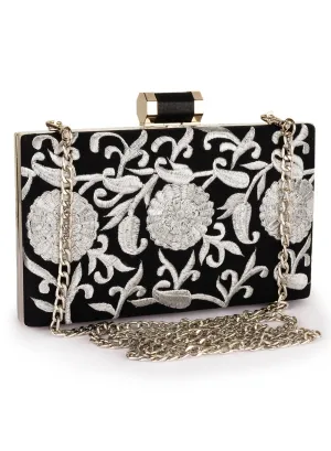 Metallic Thread Floral Embroidered Box Clutch