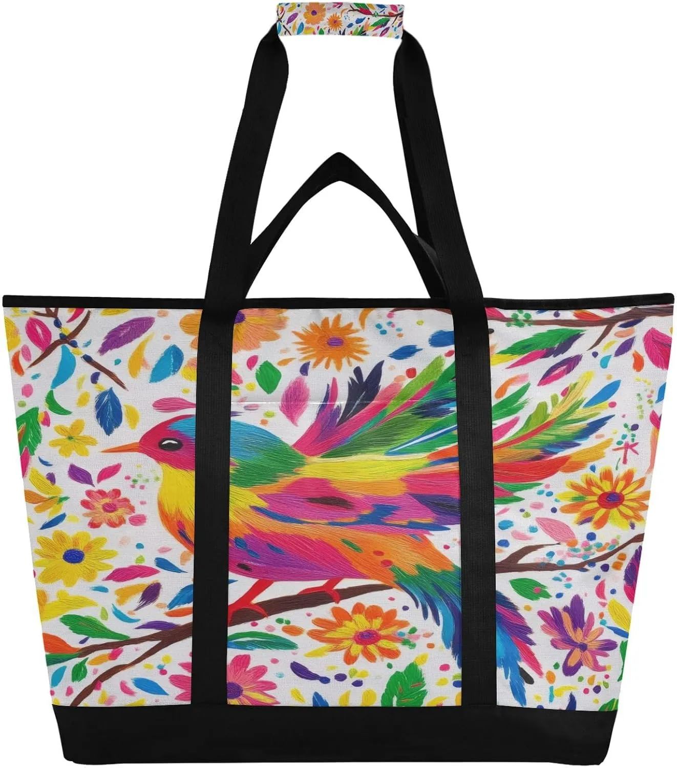 Mexican Floral Bird Reusable Insulated Lunchbox Cooler Bag, Leakproof Kitchen Grocery Bag Collapsible Portable Cooler Tote Bag for Picnic, Camping, Office, Travel