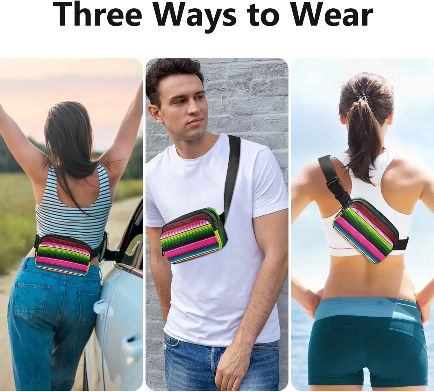 Mexican Serape Blanket Stripes Fanny Pack for Women Men Crossbody Belt Bag Fashion Waist Packs Purse with Adjustable Strap Bum Bag for Outdoors Shopping Traveling