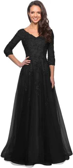 Miao Duo Women's Floral Lace Appliques 3/4 Sleeve Mother of The Bride Dresses Long V Neck Formal Dresses with Pockets YZTS028