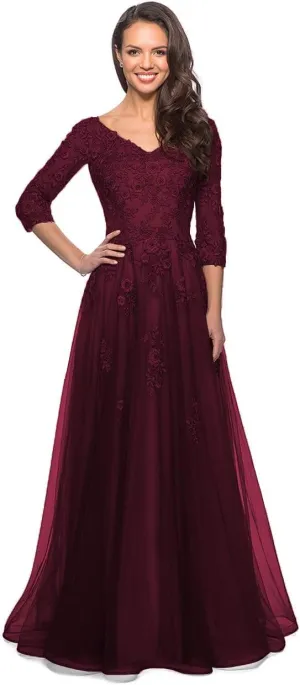 Miao Duo Women's Floral Lace Appliques 3/4 Sleeve Mother of The Bride Dresses Long V Neck Formal Dresses with Pockets YZTS028