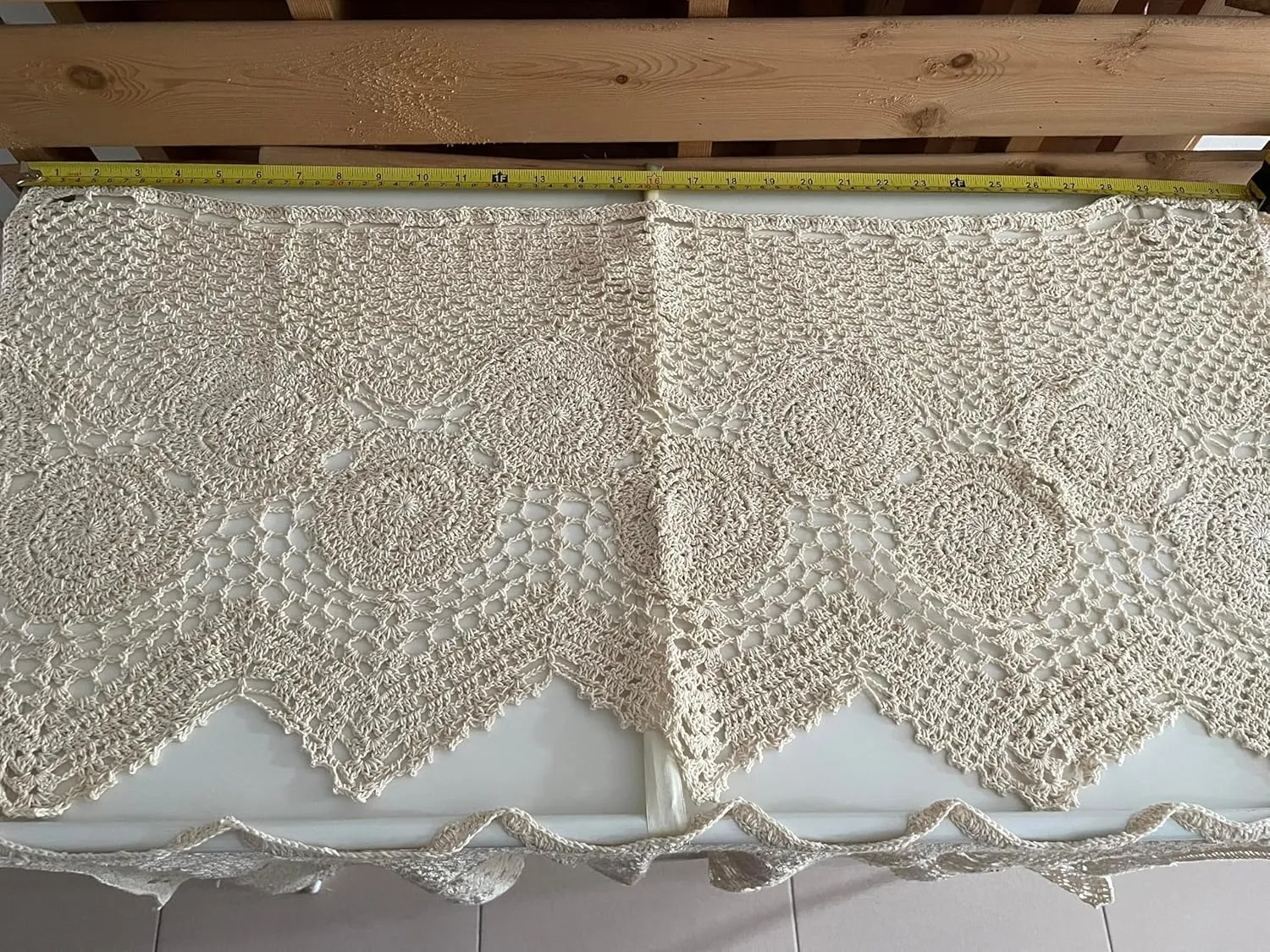 MINDPLUS Hand Crocheted Window Valance Lace Cotton Kitchen Cafe Short Curtain Farmhouse Hollow Window Decoration (Beige, 31" W X 15.7" L)