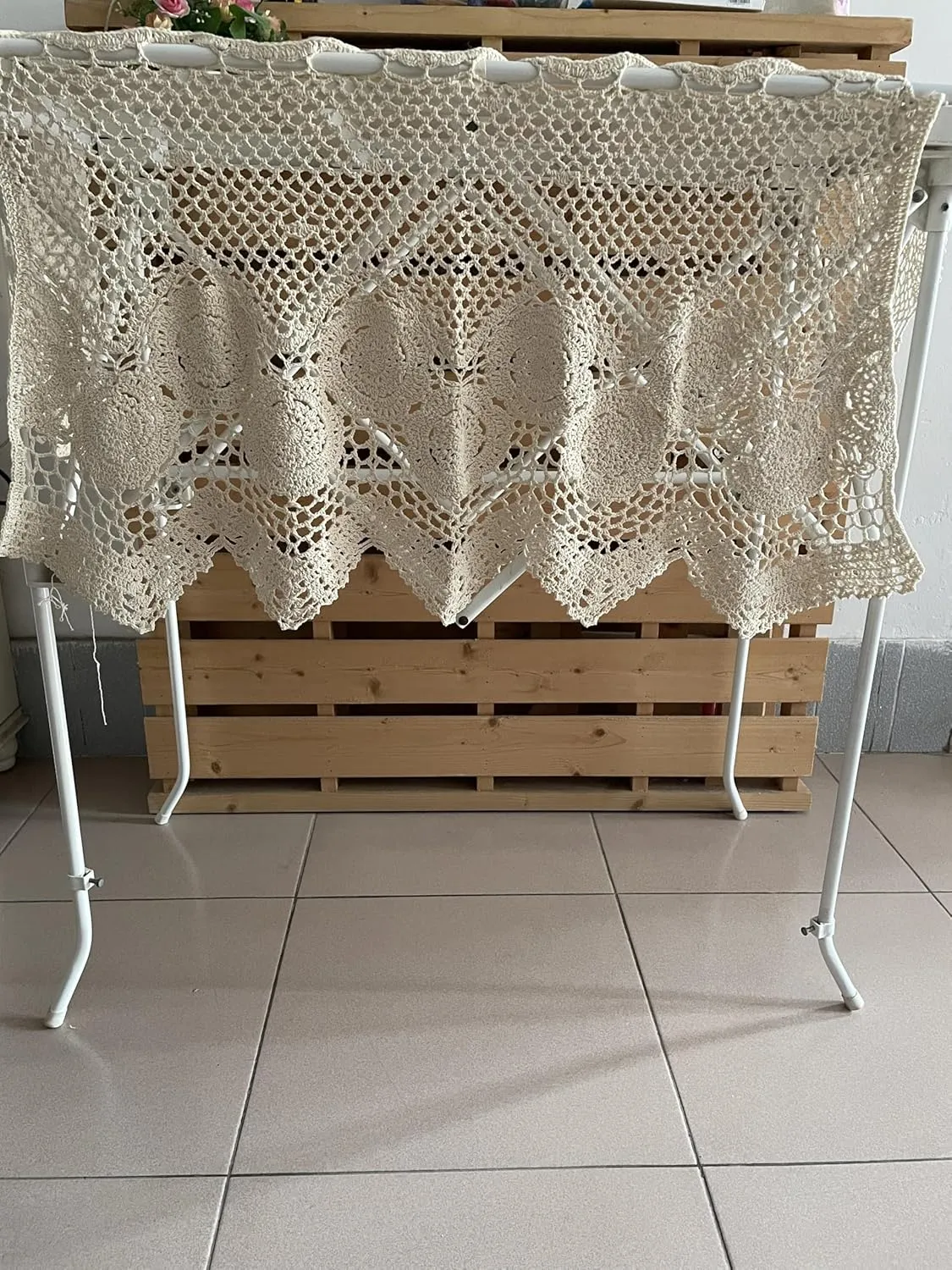 MINDPLUS Hand Crocheted Window Valance Lace Cotton Kitchen Cafe Short Curtain Farmhouse Hollow Window Decoration (Beige, 31" W X 15.7" L)
