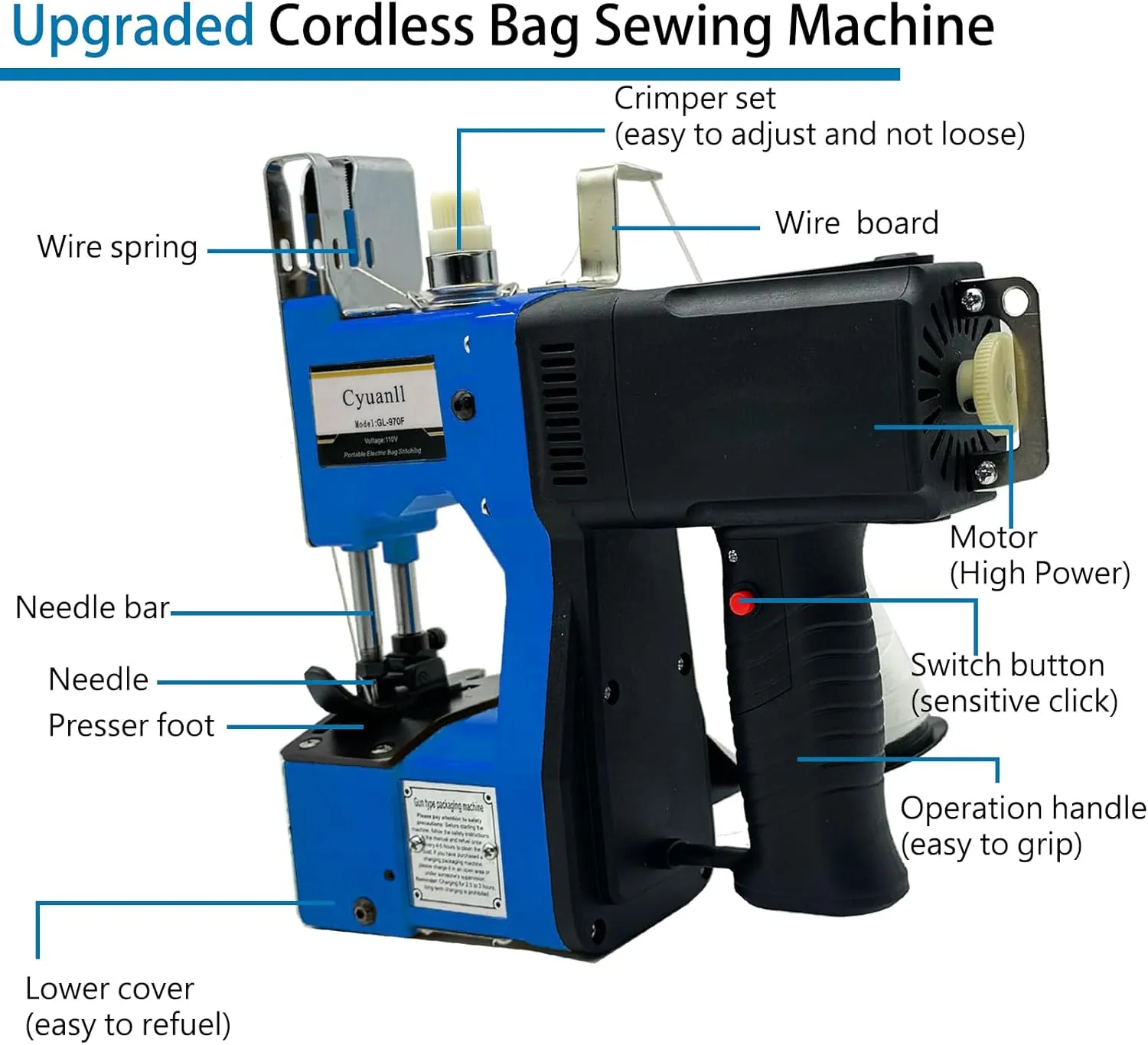 Mini Bag Closing Machine-Electric Portable Bag Sewing Machine 2s/bag,Bag Closer Automatic Woven Bag Sewer Packing Machine for Burlap PP Woven Kraft Paper Bag Feed Sacks Rice Bags Seed Bags-Blue