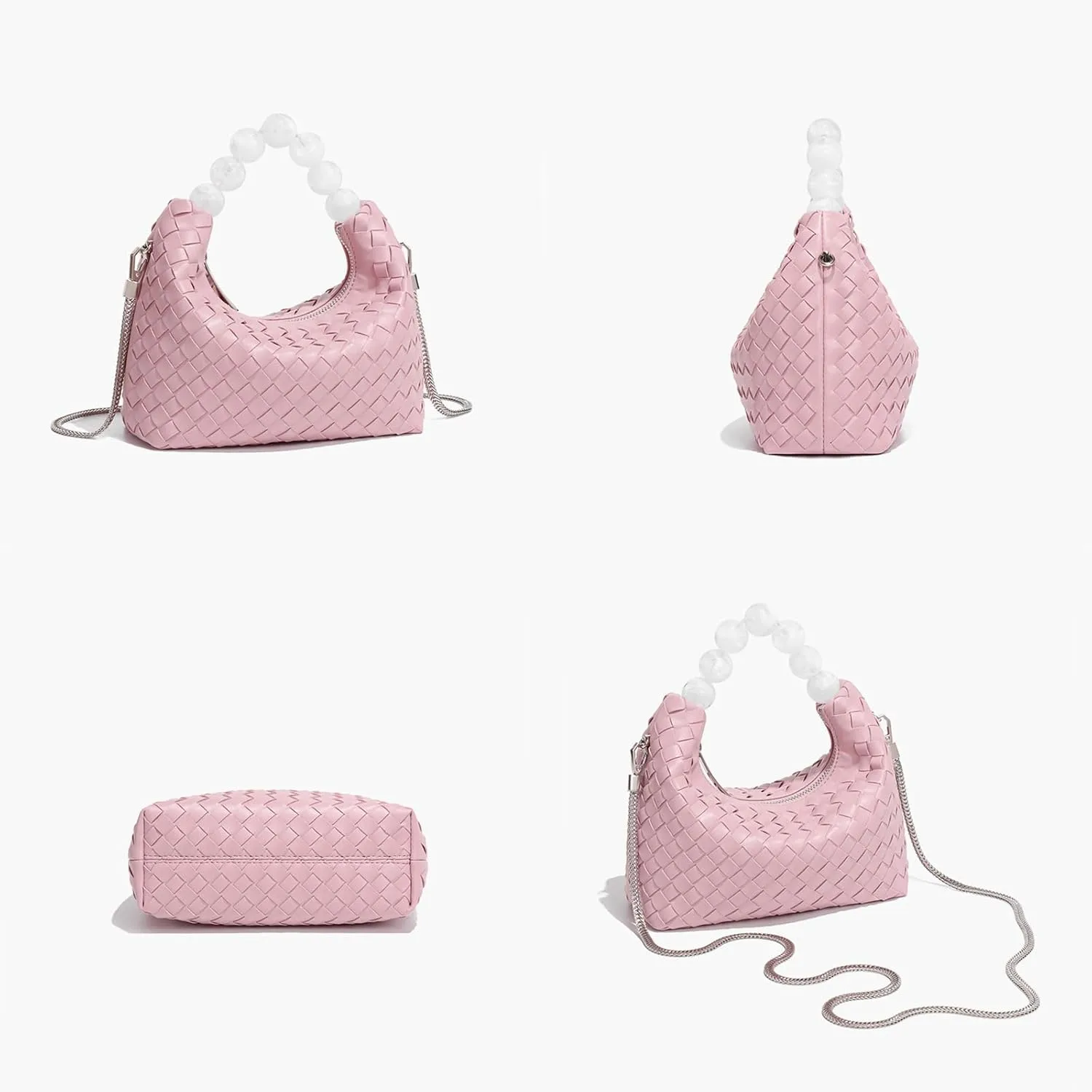 Mini Deluxe Leather Handmade Woven Women's Tote with Beaded Carrying Handle Age Reduced Elegant Chain Crossbody Bag