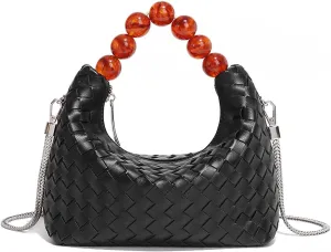 Mini Deluxe Leather Handmade Woven Women's Tote with Beaded Carrying Handle Age Reduced Elegant Chain Crossbody Bag