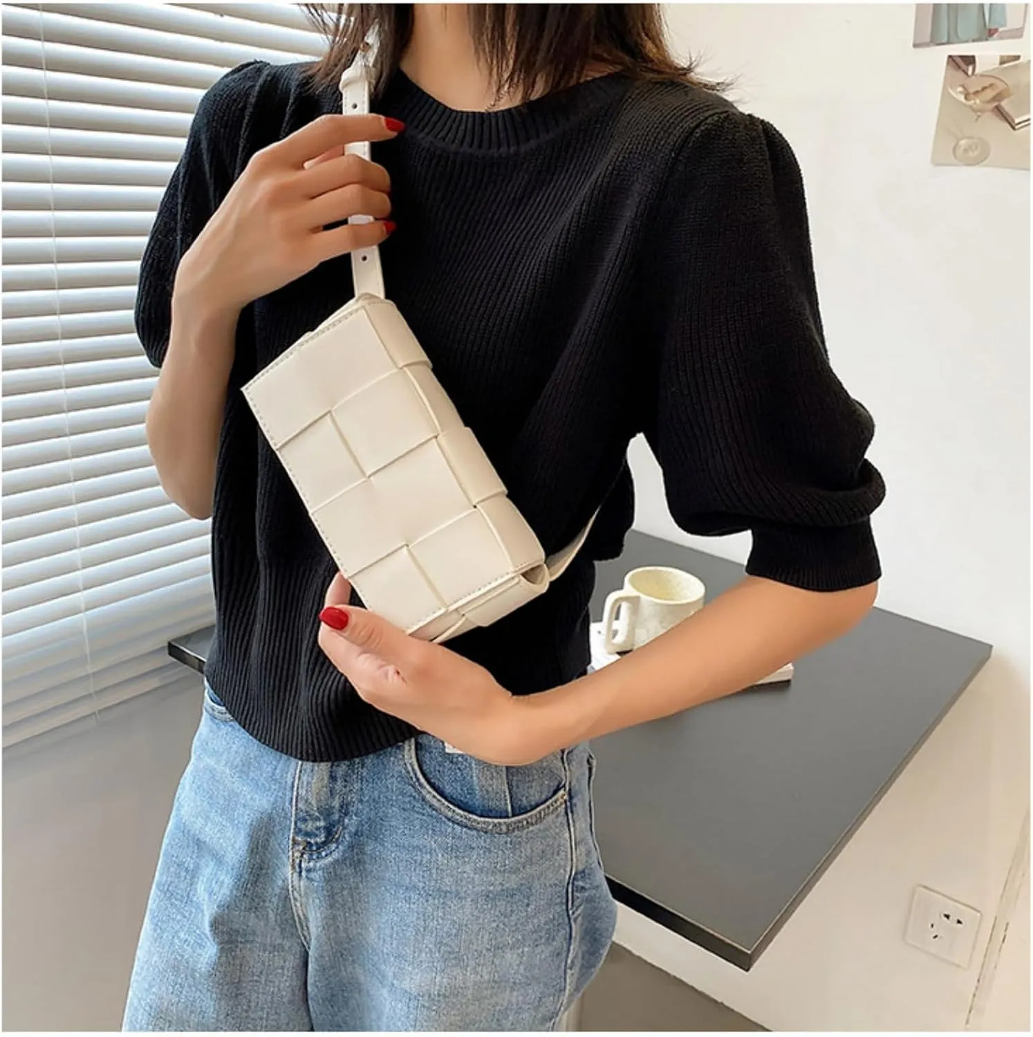 Mini Woven Crossbody Bag for Women, Square Shoulder Handbag Leather Clutch Purse Cute Fanny Packs with Adjustable Belt