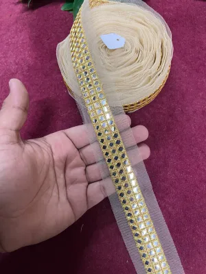 Mirror Lace with Net Fabric – 9 Meters, 1-Inch Width, Handcrafted Decorative Border | Bright Gold