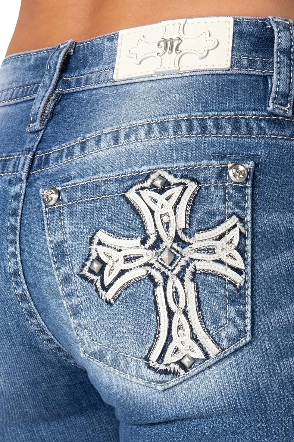 Miss Me Women's Byzantine Cross Mid-Rise Bootcut Jeans