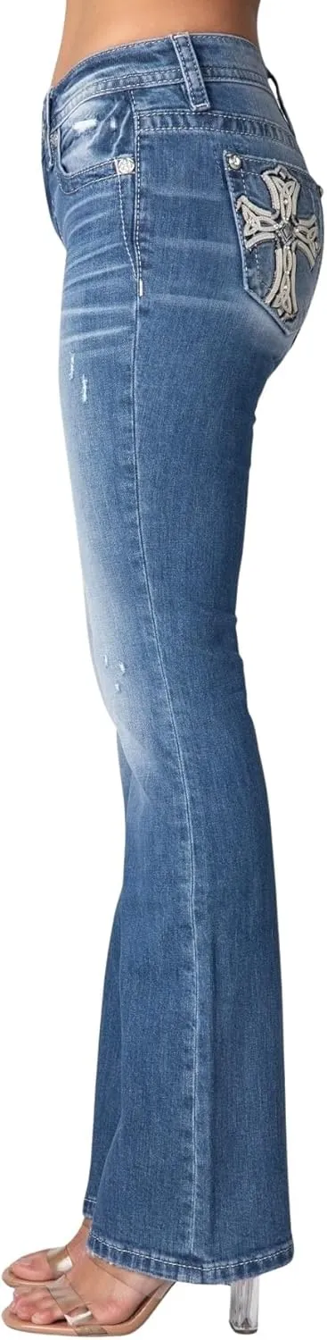 Miss Me Women's Byzantine Cross Mid-Rise Bootcut Jeans