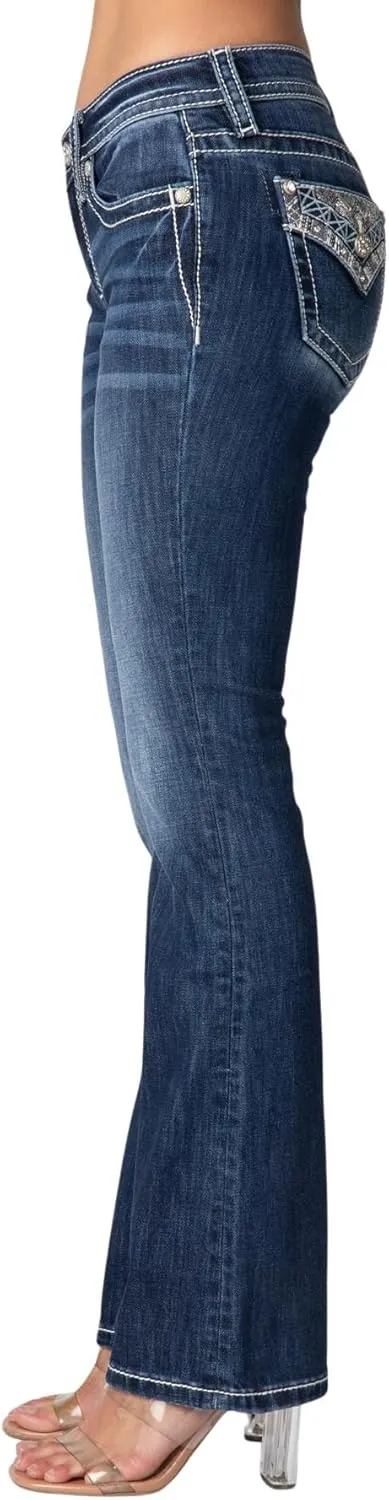 Miss Me Women's Cool Border Mid-Rise Bootcut Jeans with Embellished Faux Flap Pockets