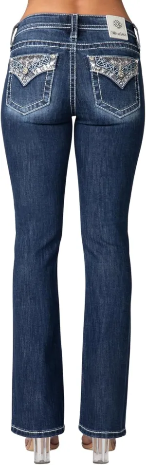 Miss Me Women's Cool Border Mid-Rise Bootcut Jeans with Embellished Faux Flap Pockets