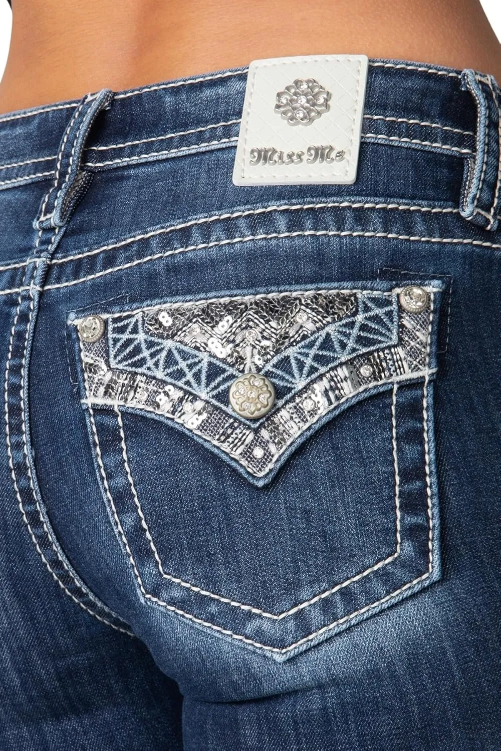 Miss Me Women's Cool Border Mid-Rise Bootcut Jeans with Embellished Faux Flap Pockets