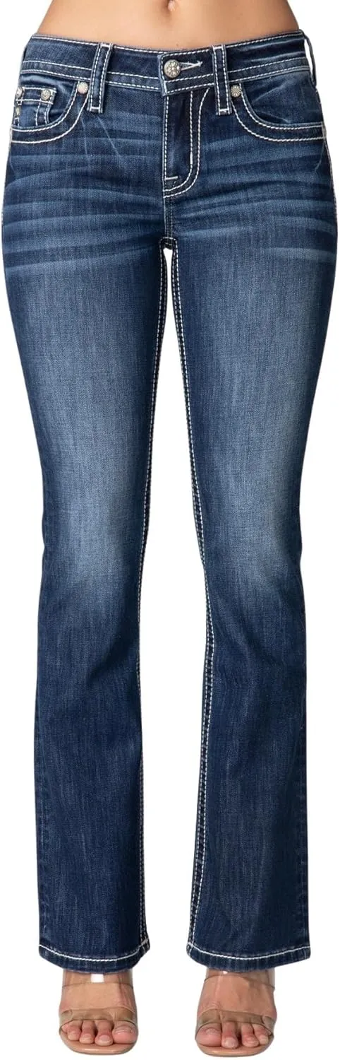 Miss Me Women's Cool Border Mid-Rise Bootcut Jeans with Embellished Faux Flap Pockets